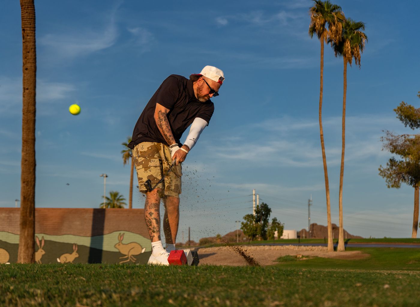 Golfer striking an iron with the ball in the air and palm trees behind